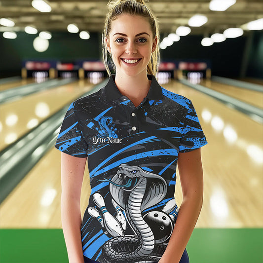 Custom Black And Blue Cobra Snake Bowling Team Polo Shirts For Women, Bowling League Shirts IPHW8566