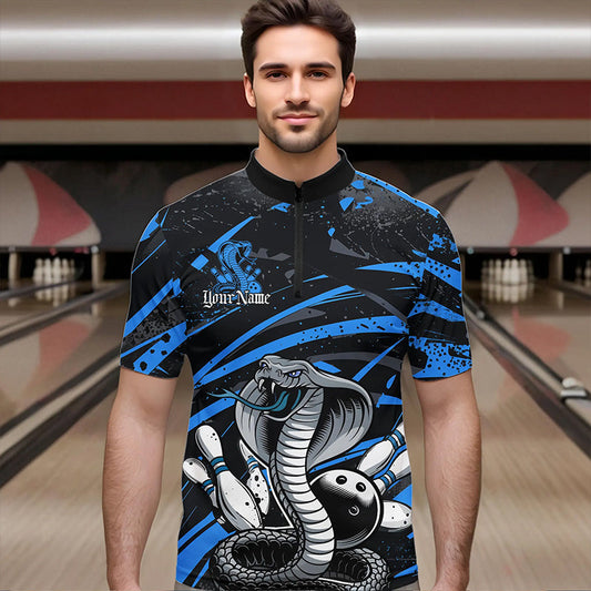 Custom Black And Blue Cobra Snake Bowling Team Quarter-Zip Shirts For Men, Bowling League Shirts IPHW8566