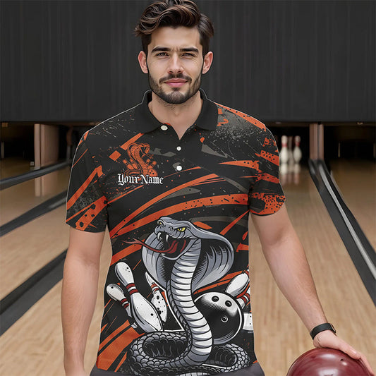 Custom Black And Orange Cobra Snake Bowling Team Polo Shirts For Men, Bowling League Shirts IPHW8567
