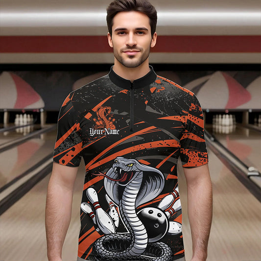 Custom Black And Orange Cobra Snake Bowling Team Quarter-Zip Shirts For Men, Bowling League Shirts IPHW8567