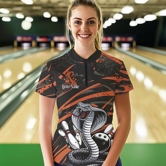 Custom Black And Orange Cobra Snake Bowling Womens Quarter-Zip Shirt, Bowling League Shirts IPHW8567