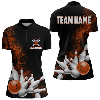 Custom Orange Bowling Women Quarter-Zip Shirts Bowling Team Jerseys Bowling League Shirts IPHW8881