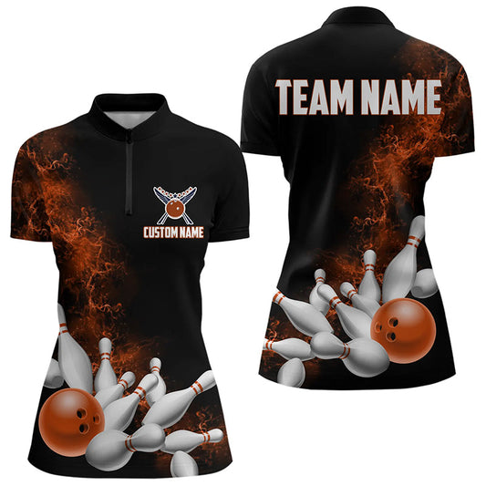 Custom Orange Bowling Women Quarter-Zip Shirts Bowling Team Jerseys Bowling League Shirts IPHW8881