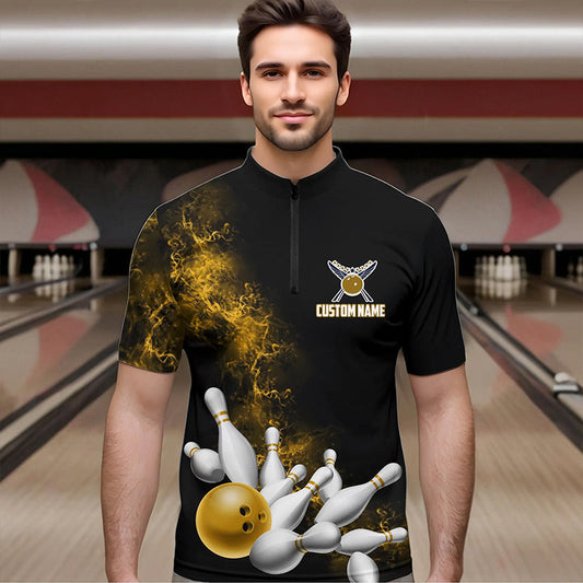 Custom Yellow Bowling Quarter-Zip Shirts For Men Bowling Team Jerseys Bowling League Shirts IPHW8882