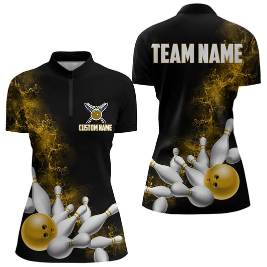 Custom Yellow Bowling Women Quarter-Zip Shirts Bowling Team Jerseys Bowling League Shirts IPHW8882
