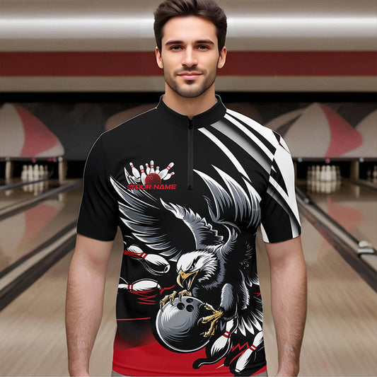 Custom Black And Red Eagle Bowling Jerseys, Bowling Team Men Quarter-Zip Shirts Bowlers Outfits IPHW8886