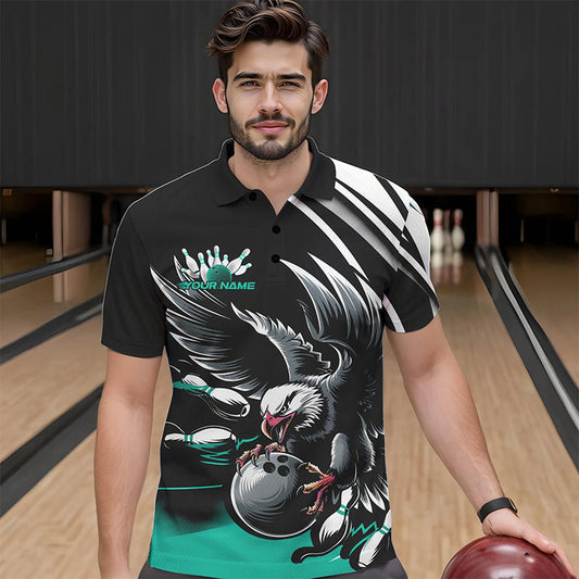 Custom Black And Blue Eagle Bowling Jerseys, Bowling Team Men Polo Shirts Bowlers Outfits IPHW8887