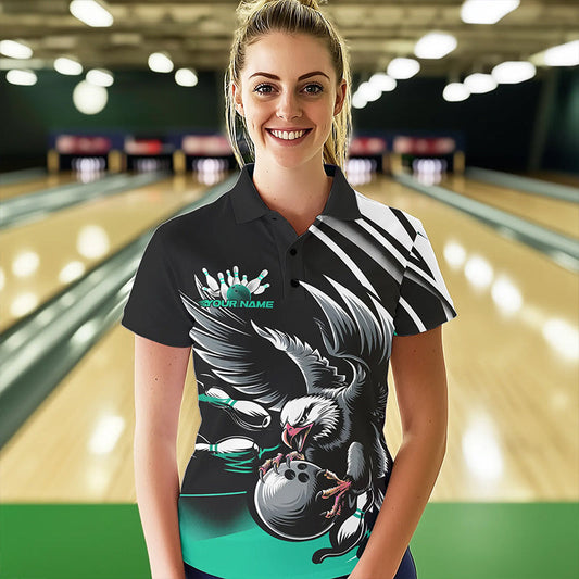 Custom Black And Blue Eagle Bowling Jerseys, Bowling Team Women Polo Shirts Bowlers Outfits IPHW8887