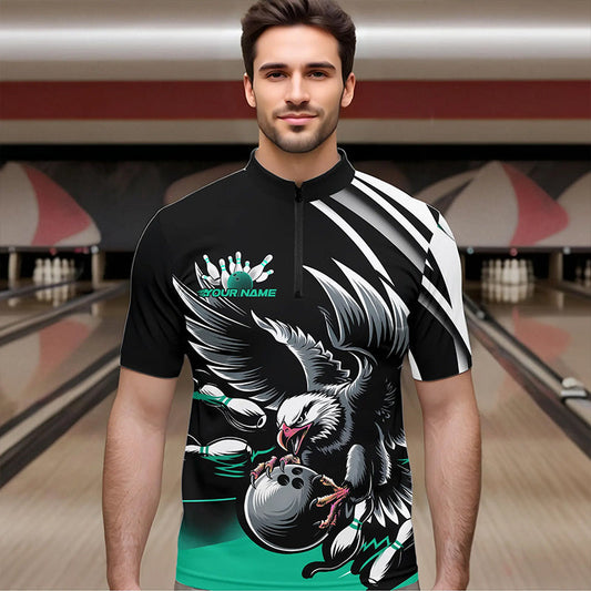 Custom Black And Blue Eagle Bowling Jerseys, Bowling Team Men Quarter-Zip Shirts Bowlers Outfits IPHW8887