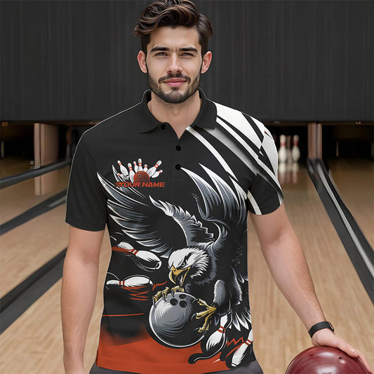 Custom Black And Orange Eagle Bowling Jerseys, Bowling Team Men Polo Shirts Bowlers Outfits IPHW8888