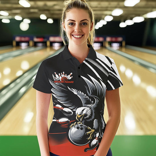 Custom Black And Orange Eagle Bowling Jersey, Bowling Team Women Polo Shirts Bowlers Outfit IPHW8888