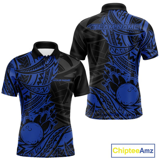 Black and blue bowling shirt with polynesian pattern 