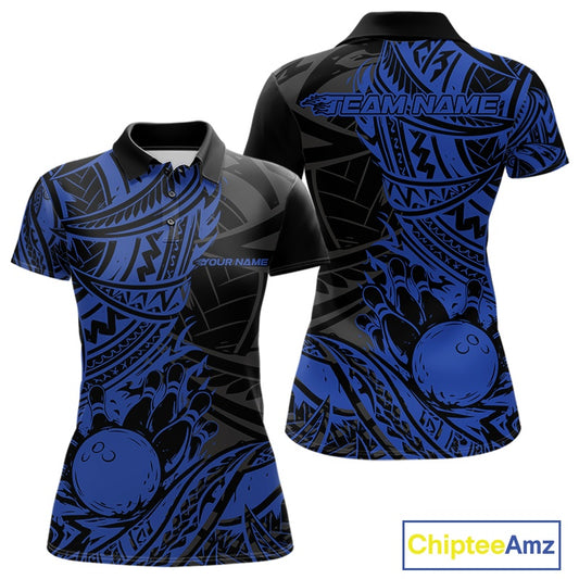 Custom Black And Blue Maori Style Koru Spiral Tribal Women Bowling Polo Team Shirt IPHW10957