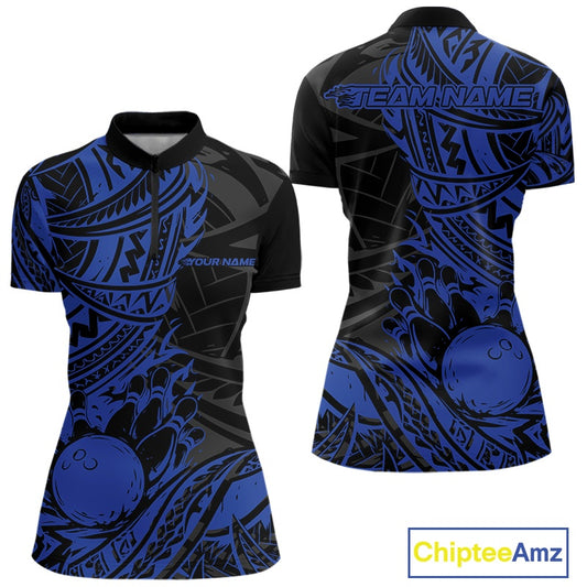 Custom Black And Blue Maori Style Koru Spiral Tribal Women Bowling Quarter-Zip Shirt IPHW10957