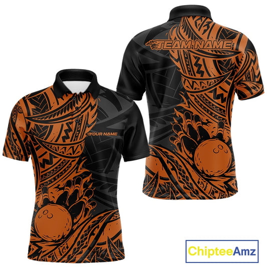 Custom Black And Orange Maori Style Koru Spiral Tribal Men Bowling Polo Team Shirt IPHW10958