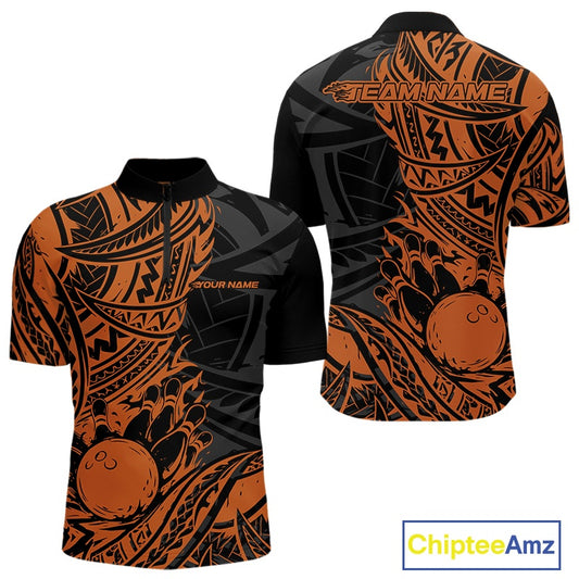 Custom Black And Orange Maori Style Koru Spiral Tribal Men Bowling Quarter-Zip Team Shirt IPHW10958