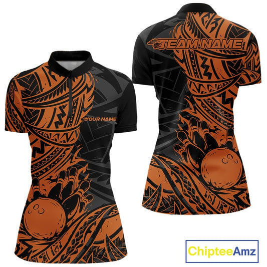Custom Black And Orange Maori Style Koru Spiral Tribal Women Bowling Quarter-Zip Shirt IPHW10958