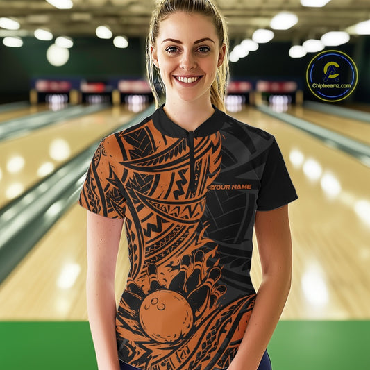 Custom Black And Orange Maori Style Koru Spiral Tribal Women Bowling Quarter-Zip Shirt IPHW10958