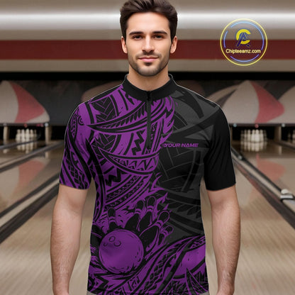 Man wearing a black and purple maori tribal pattern bowling shirt with 'Your Name' text in a bowling alley.