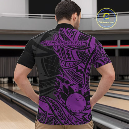 Custom Black And Purple Maori Style Koru Spiral Tribal Men Bowling Quarter-Zip Team Shirt IPHW10959