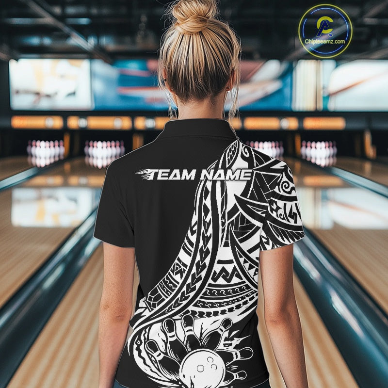 Custom Black And White Maori Style Koru Spiral Tribal Women Bowling Polo Team Shirt IPHW10960