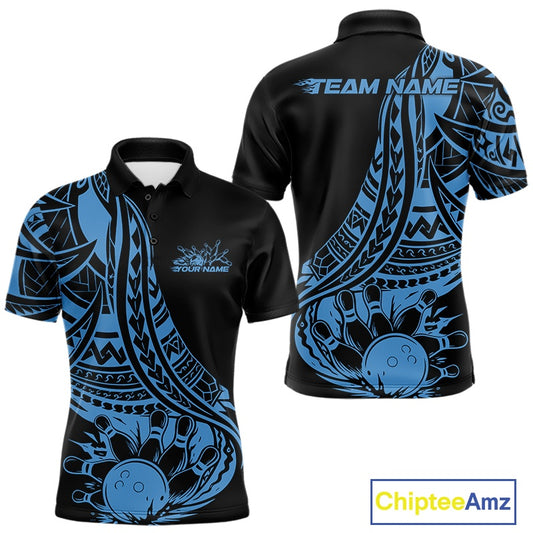 Custom Black And Blue Maori Style Koru Spiral Tribal Men Bowling Polo Team Shirt IPHW10962