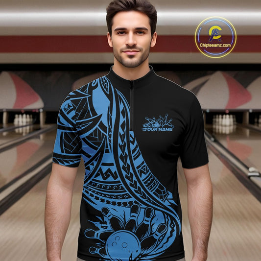Custom Black And Blue Maori Style Koru Spiral Tribal Men Bowling Quarter-Zip Team Shirt IPHW10962