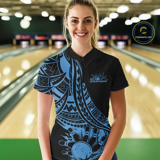Custom Black And Blue Maori Style Koru Spiral Tribal Women Bowling Quarter-Zip Shirt IPHW10962