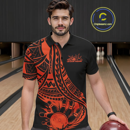 Custom Black And Orange Maori Style Koru Spiral Tribal Men Bowling Polo Team Shirt IPHW10964