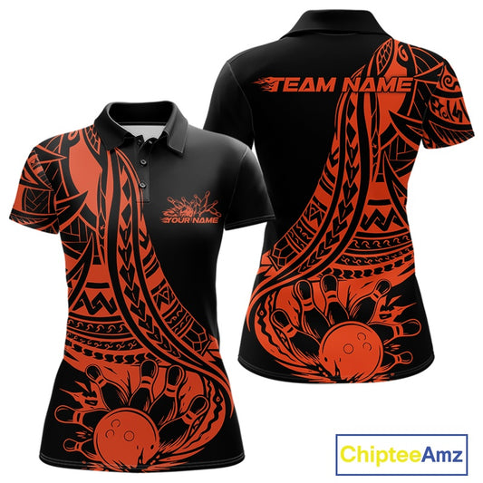 Custom Black And Orange Maori Style Koru Spiral Tribal Women Bowling Polo Team Shirt IPHW10964