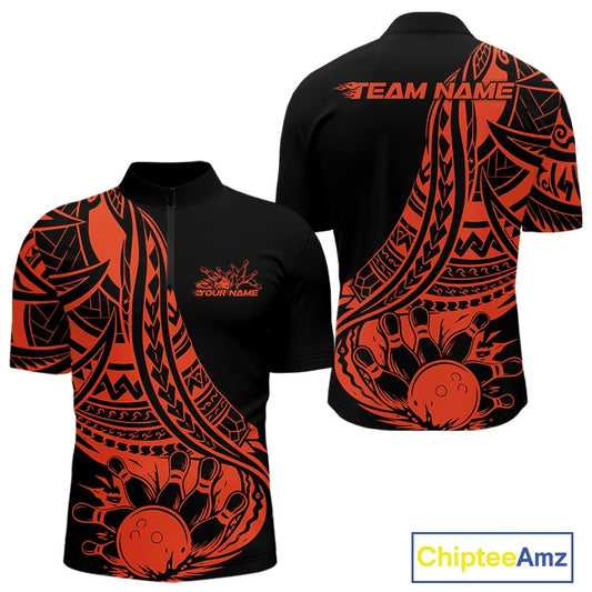 Custom Black And Orange Maori Style Koru Spiral Tribal Men Bowling Quarter-Zip Team Shirt IPHW10964