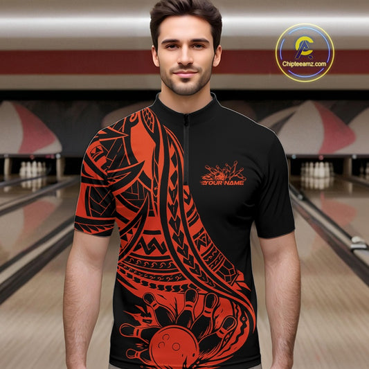 Custom Black And Orange Maori Style Koru Spiral Tribal Men Bowling Quarter-Zip Team Shirt IPHW10964