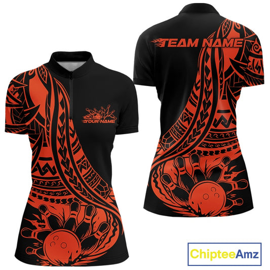 Custom Black And Orange Maori Style Koru Spiral Tribal Women Bowling Quarter-Zip Shirt IPHW10964