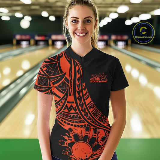 Custom Black And Orange Maori Style Koru Spiral Tribal Women Bowling Quarter-Zip Shirt IPHW10964