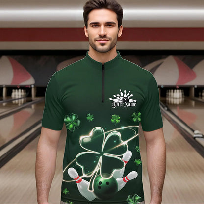 Custom Green Shamprock Saint Patricks Bowling Quarter-Zip Shirts For Men, Lucky Bowling Team Shirt IPHW8572