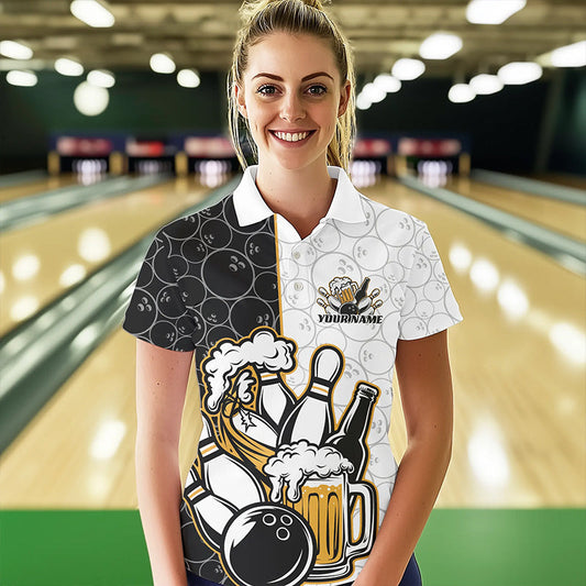 Custom Funny Bowling And Beer Team Bowling Polo Shirts For Women, Bowling Pattern Shirt IPHW8891