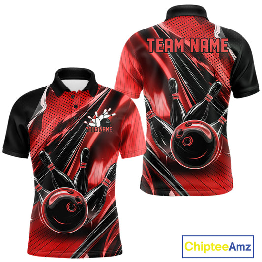 Front and back views of a black and red mens bowling polo shirt featuring bowling ball and pin artwork with fast-moving speed streaks.