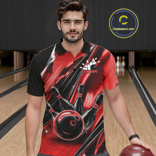 Male model wearing a black and red bowling polo shirt at the lane with energetic bowling strike graphics.