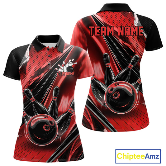 Front and back views of a black and red womens bowling polo shirt showcasing bowling strike artwork with motion streak accents.