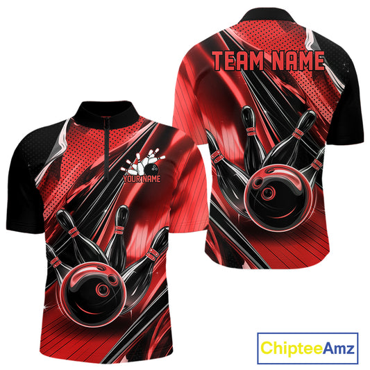 Front and back views of a black and red mens bowling quarter-zip shirt with bowling strike graphics highlighted by speed streaks.