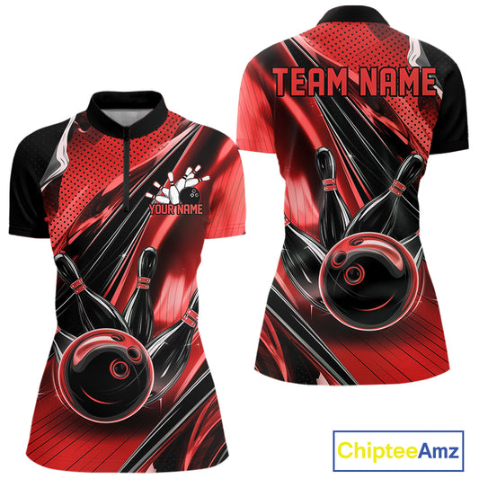 Front and back views of a black and red womens bowling quarter-zip shirt showcasing bowling strike artwork with motion streak accents.