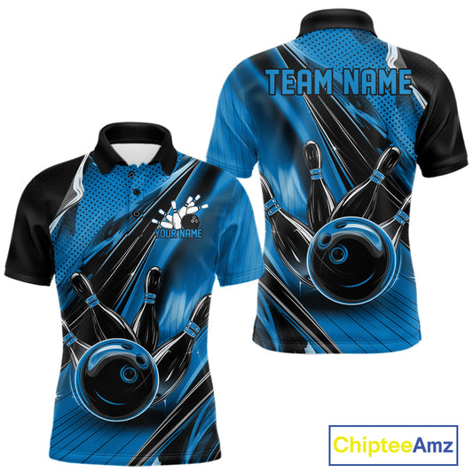 Front and back views of a black and blue mens bowling polo shirt showcasing a bowling ball striking pins with energetic speed streak graphics.