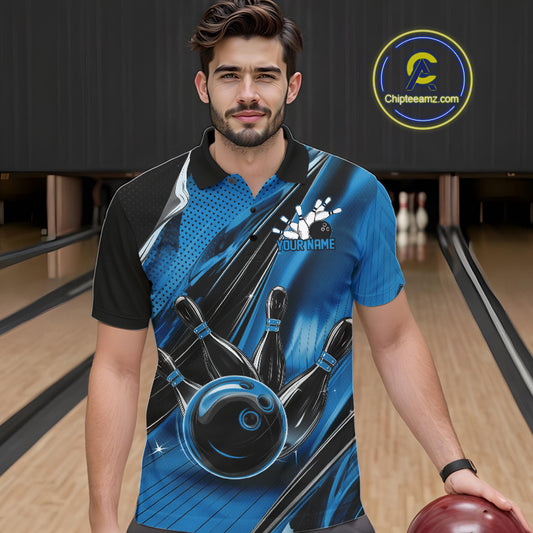 Male model wearing a black and blue bowling polo shirt at the bowling lane with action-packed bowling artwork.