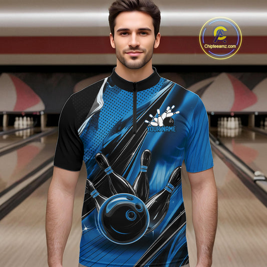 Male model wearing a black and blue bowling quarter-zip shirt at the bowling lane with bowling strike graphics and motion accents.