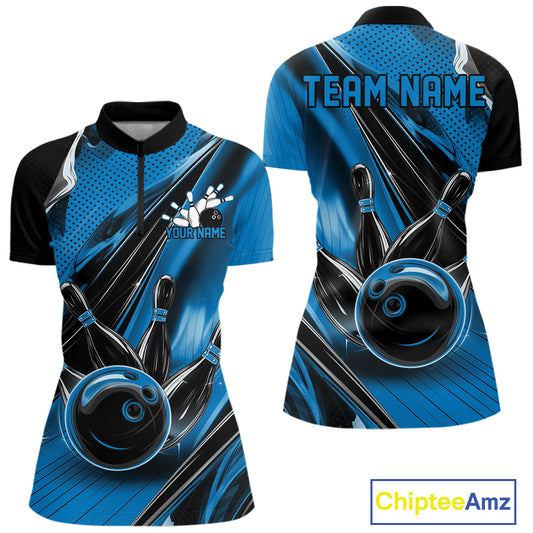 Front and back views of a black and blue womens bowling quarter-zip shirt showcasing a bowling ball striking pins with speed streak effects.