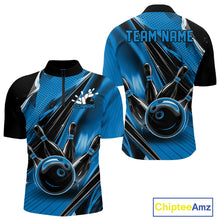 Load image into Gallery viewer, Custom Black And Blue Bowling Jerseys For Men, Bowling Team Quarter-Zip Shirts With Name IPHW10966