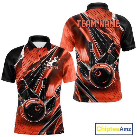 Front and back views of a black and orange mens bowling polo shirt featuring bowling ball and pin graphics with bold speed streak effects.