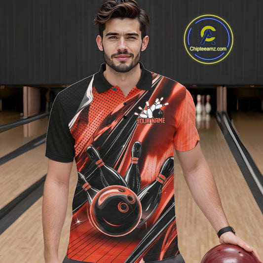 Male model wearing a black and orange bowling polo shirt at the lane with dynamic bowling strike artwork.