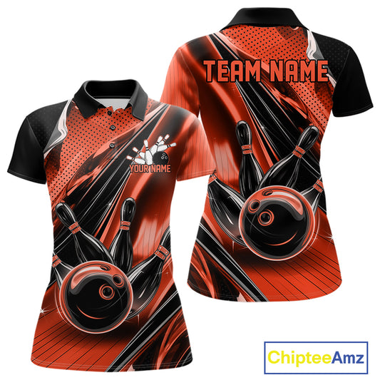 Front and back views of a black and orange womens bowling polo shirt featuring bowling strike graphics with speed streak accents.