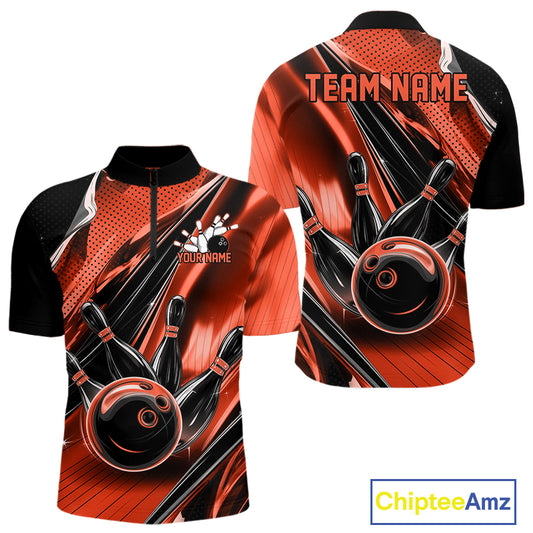 Front and back views of a black and orange mens bowling quarter-zip shirt showcasing bowling strike artwork with speed streak accents.